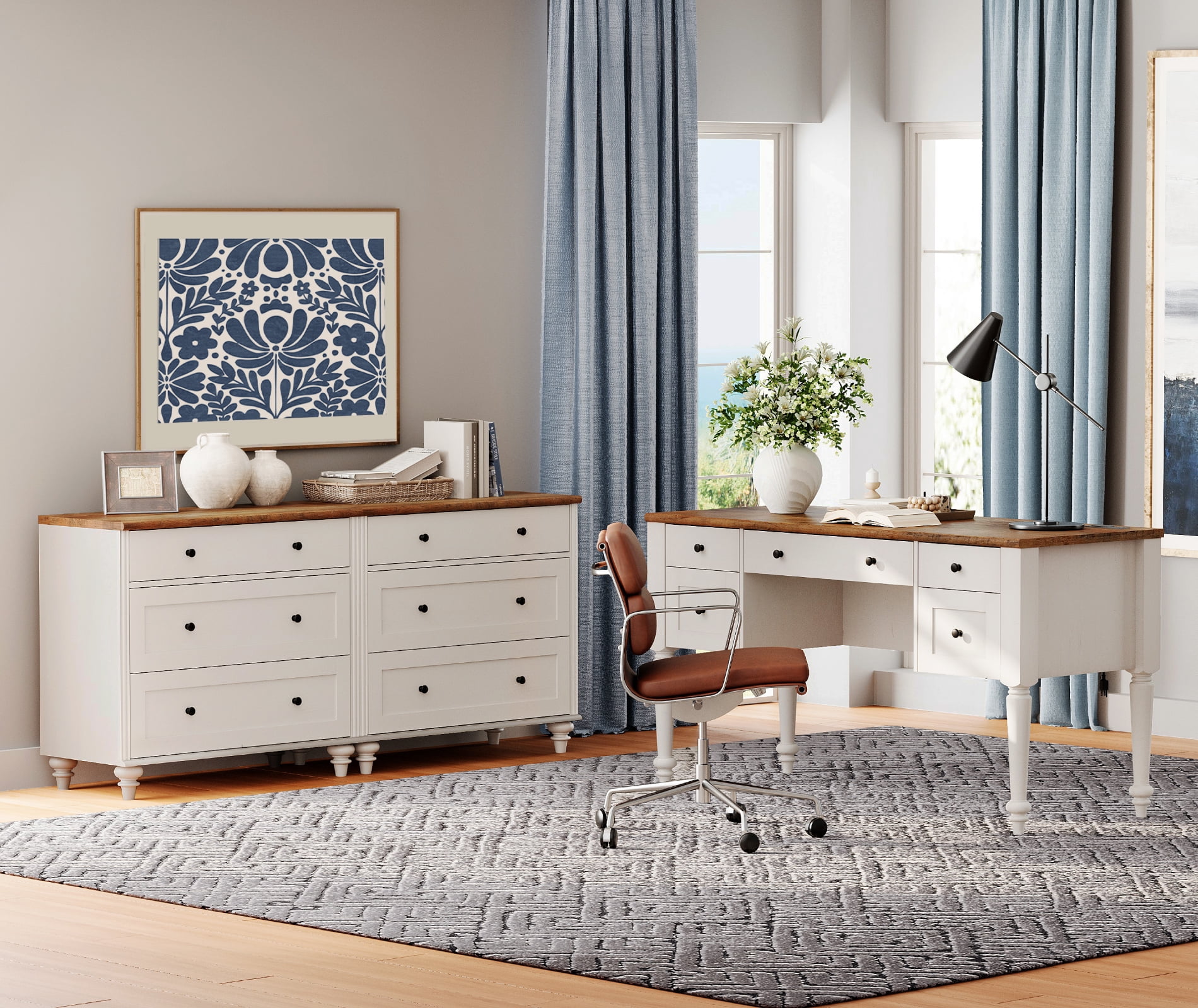White Home Office Furniture Set, 56" Executive Desk with Charging Station, 2-in-1 Cabinet with 6 Wooden Drawers, Wood Computer Desk with File Cabinet Storage, Open Shelf