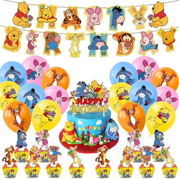 30pcs Winnie the Pooh themed party supplies - cartoon anime yellow bear party decorations, including flags, balloons, cake decorations, etc. Boys and girls birthday party decorations