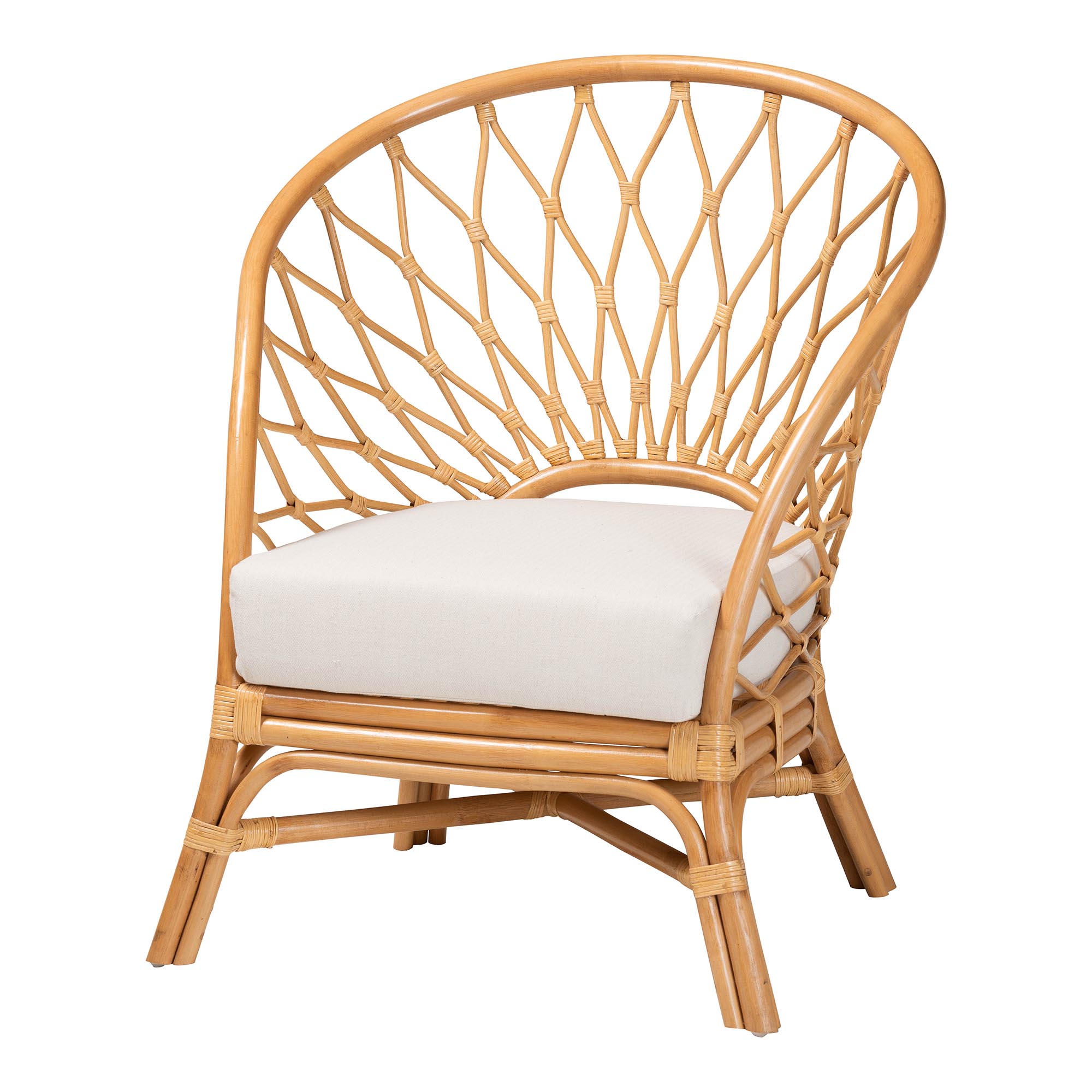 bali & pari Emmeline Bohemian Natural Rattan Fabric Foam Removable Cushions Accent Chair, Honey
