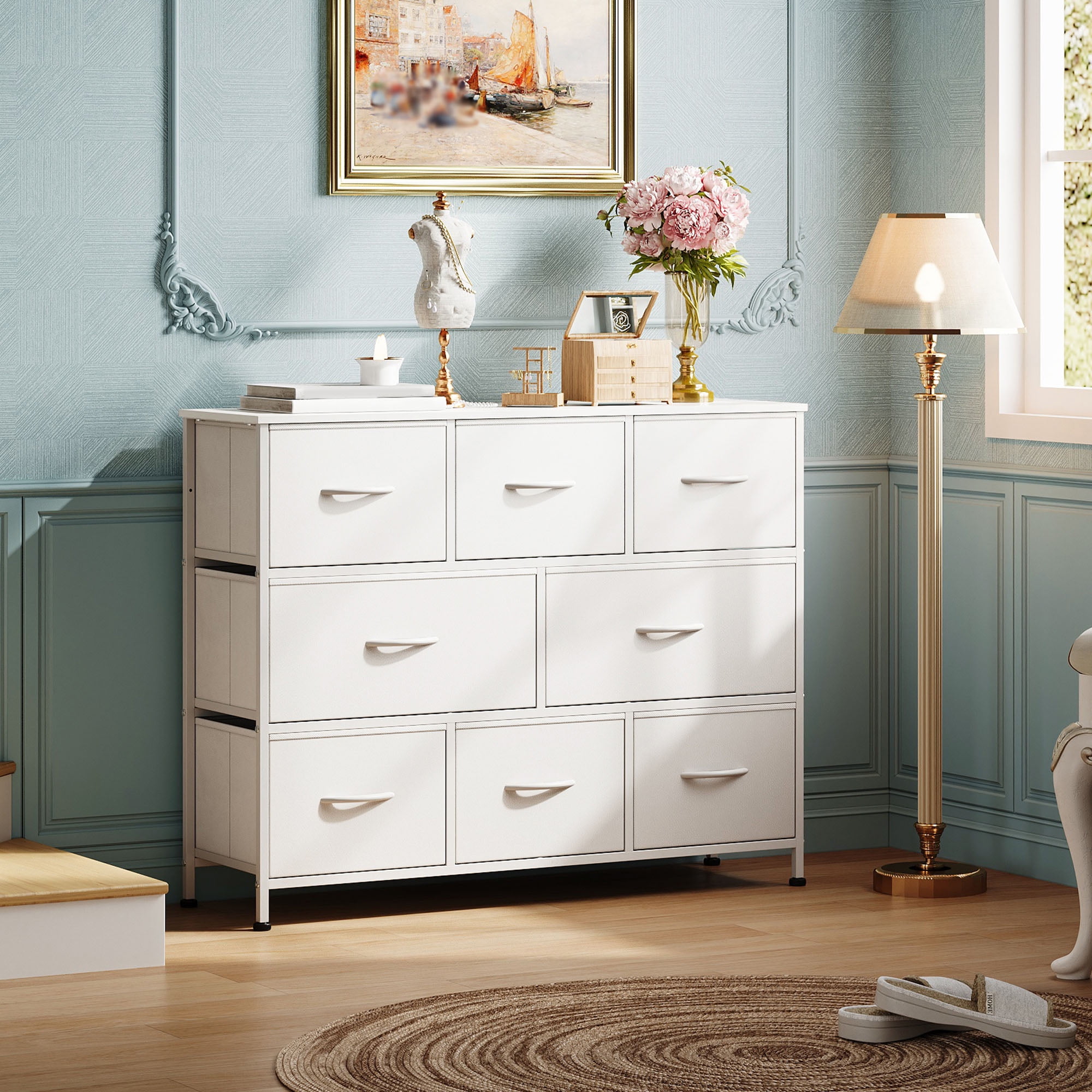 GALAXHERO 8 Drawer Dresser, Fabric Storage Unit for Bedroom, Large Drawer Chest for Entryway & Living Room, White, 59" x 30" x 16"