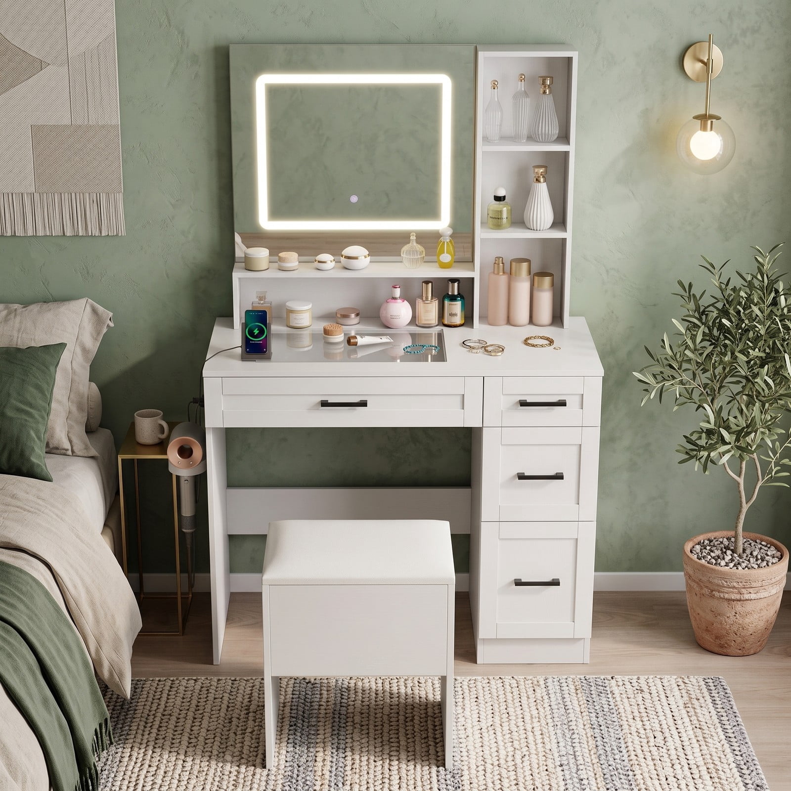 Furnibear Vanity Desk with Lighting and Hair Dryer Stand, Makeup Vanity Table with 3 Color Modes, Charging Station, 4 Drawers and Cushioned Stool, White