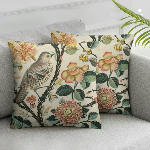 JRXY Vintage Bird Floral Pillow Covers Set of 2 Pink Green Yellow Flower Leaves Decorative Throw Pillows For Couch Chinoiserie Cases Farmhouse Home Decor Sofa Bed Porch Outdoor White