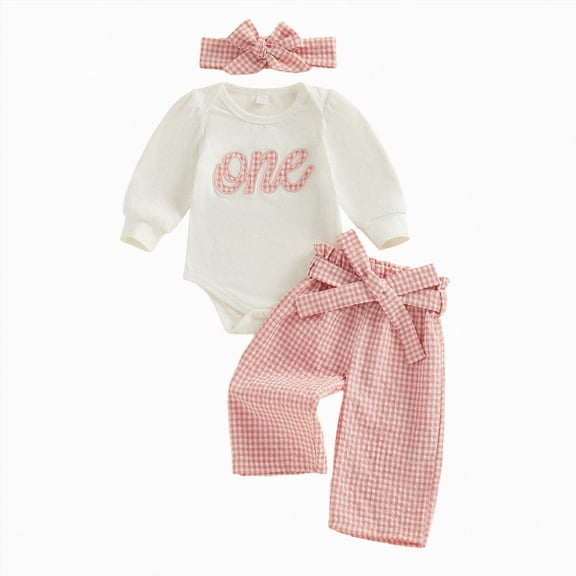 Ulanda Baby Girl One 1st Birthday Outfit Long Sleeve Romper Plaid Gingham Pant Sets First 1 Year Old Clothes (Pink, 6-12 Months)
