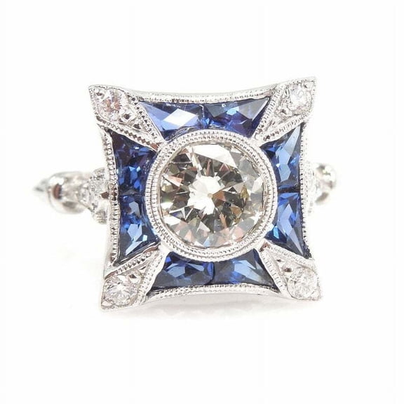 Retro Edwardian Diamond Engagement Ring, September Birthstone Blue Sapphire Ring, Vintage Art Deco Square Halo Ring, Milgrain Bezel Set Diamond Ring, 925 Sterling Silver, 2.2 Ct Simulated Diamond