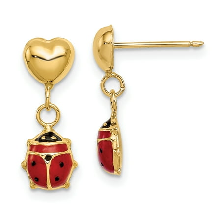 - 14K Yellow Gold Plated Madi K Heart & Enameled Ladybug Dangle Post Earrings