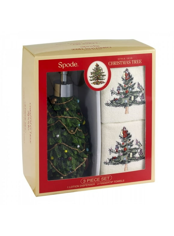 Spode Christmas Tree 3 Piece Figural Lotion Dispenser and  Decorative Fingertip Towel Set