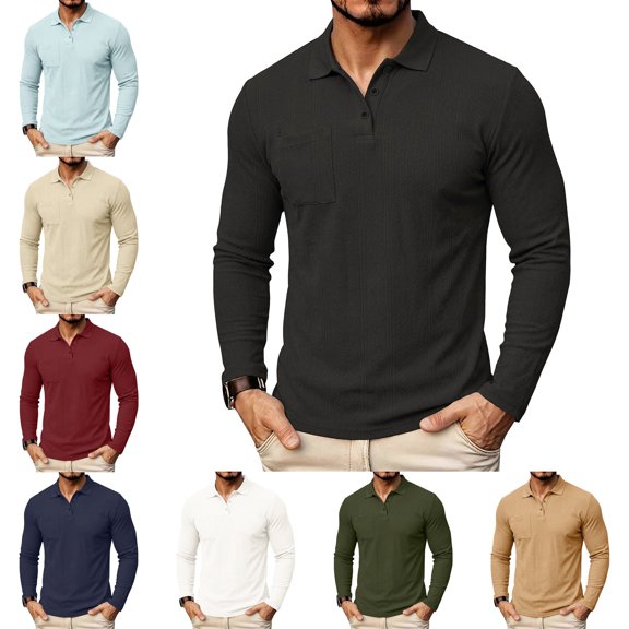 Zivyakyro Mens Polo Long Sleeve Fall Collared Button Shirt Textured Officewear with Pocket Solid Slim Blue 3XL