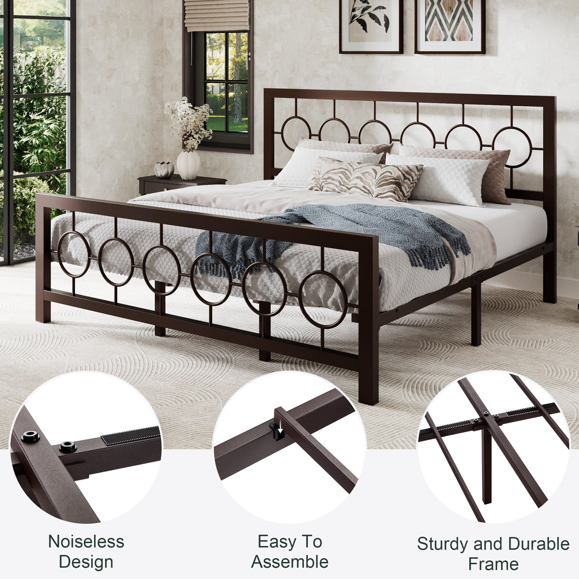 Sha Cerlin Brown King Size Metal Platform Bed Frame with Vintage Headboard & Footboard, Adult