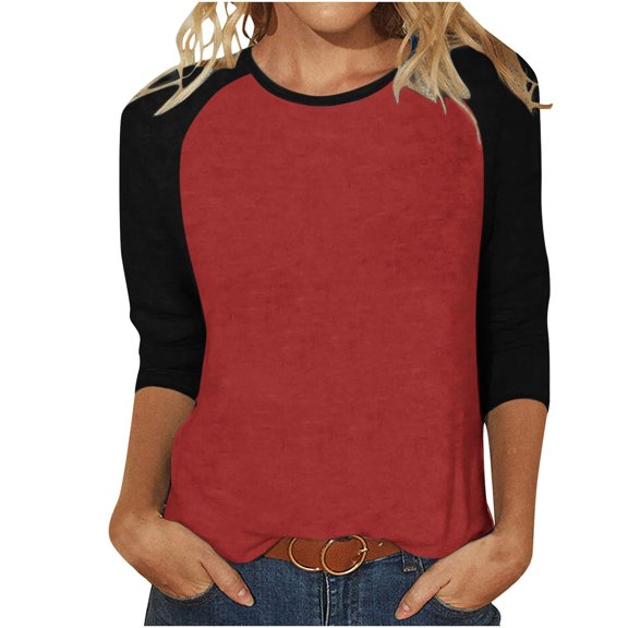3/4 Length Sleeve Womens Tops Trendy Casual Patchwork Color Block Shirts Crew Neck Blouses Loose Fit Tshirts Fall Winter Ladies Going Out Tops