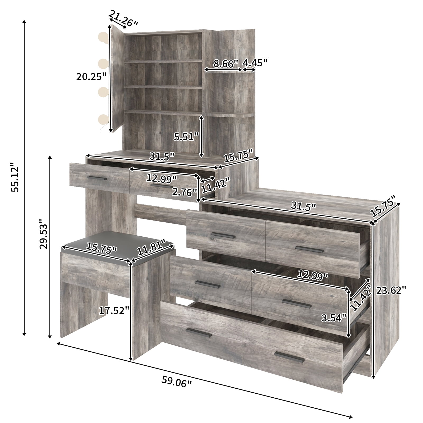 Ktaxon Makeup Vanity with 8 Drawers&Charging Station, Vanity Desk with 3 Color Light, Vanity Table Set w/ Drawer Dresser, Gray