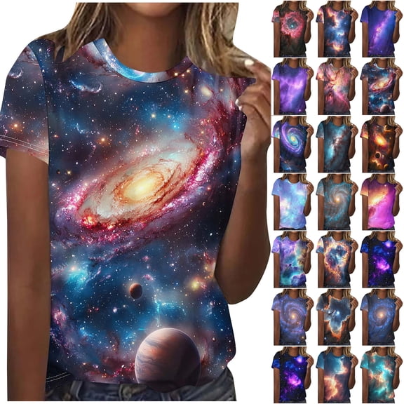 JTZGDY Fashion 3D Tie Dye Galaxy Space T-Shirts for Women Cute Summer Short Sleeve Basic Crewneck Petite Tops Trendy Novelty Graphic Tees Blouse Red#01 L
