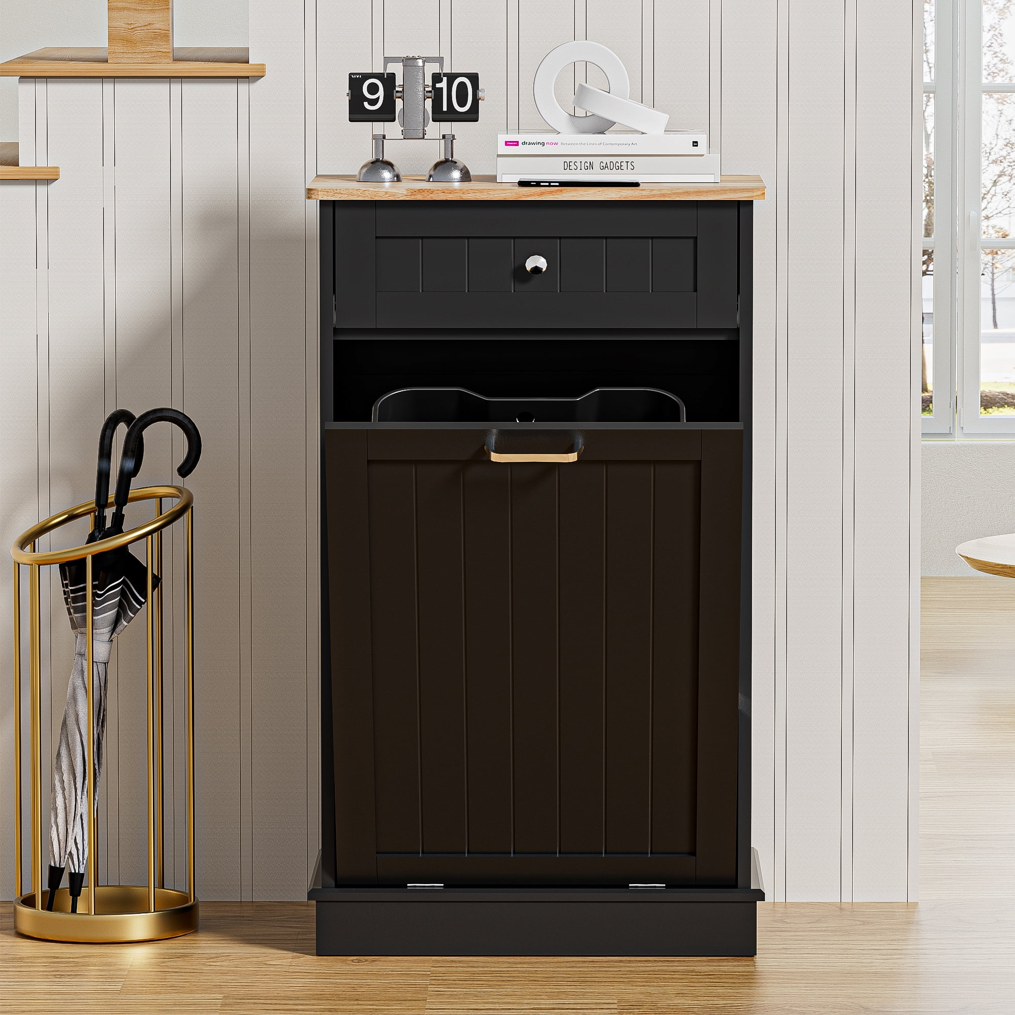 AHB 13 Gallon Single Tilt Out Trash Cabinet with Drawer, Freestanding Kitchen Trash Can Storage Organizer, 20.9"L x 13.55"W x 38.5"H, Black