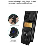 Wallet Case for Samsung Galaxy S25 Ultra with Camera Cover & Kickstand, Sliding Lens Protection Card Holder Slot 360°Rotate Ring Hybrid Rugged Bumper Cover for Samsung S25 Ultra, Black