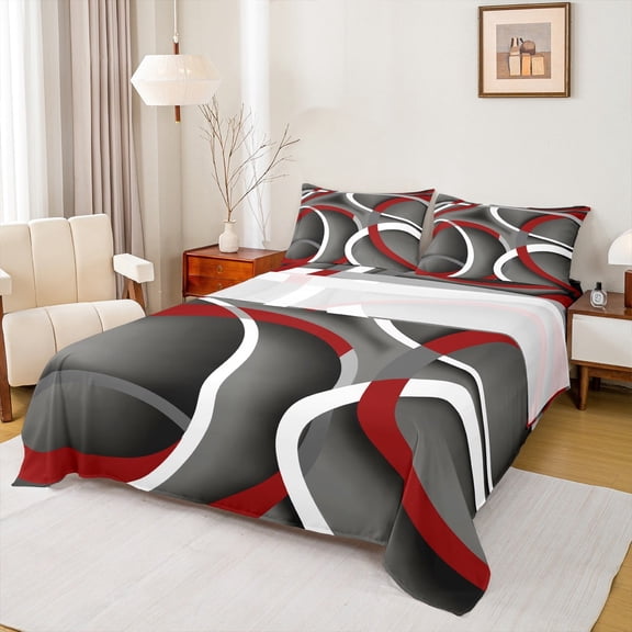 Manfei Vintage Geometric Stripe Twin Sheet Sets,Modern Abstract Art Twin Fitted Sheet,Red Gray White Flat Sheet For Men Women,Super Cozy Room Decor,3 Pieces