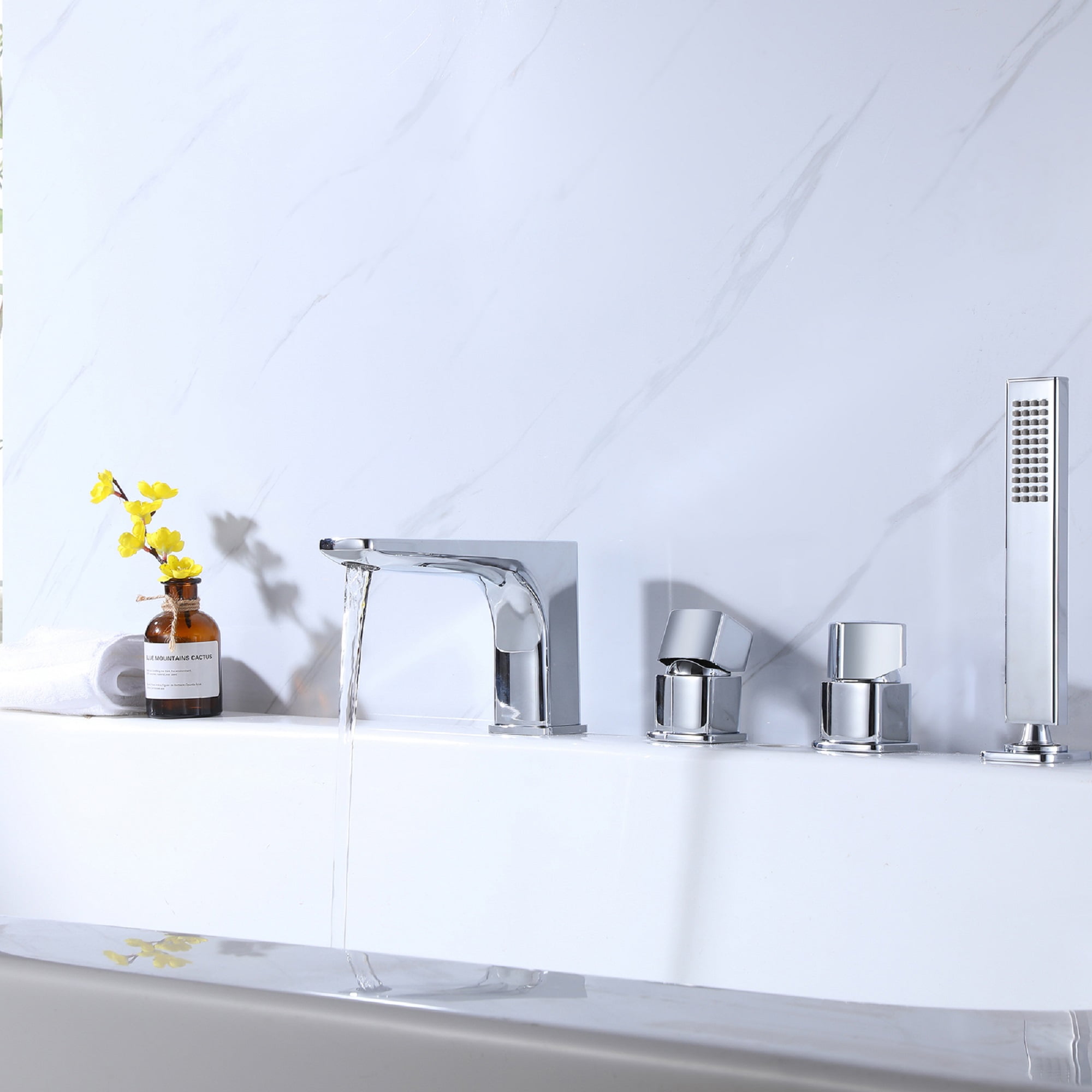 Four Holes Bathroom Bathtub Faucet, Deck Mounted Tub Faucet with Hand Shower