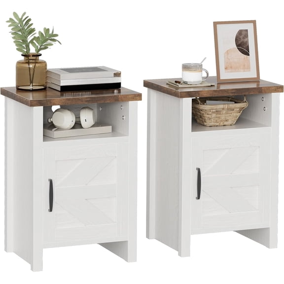 Farmhouse modern nightstand with shelves and barn doors, bedroom 2-piece set, white
