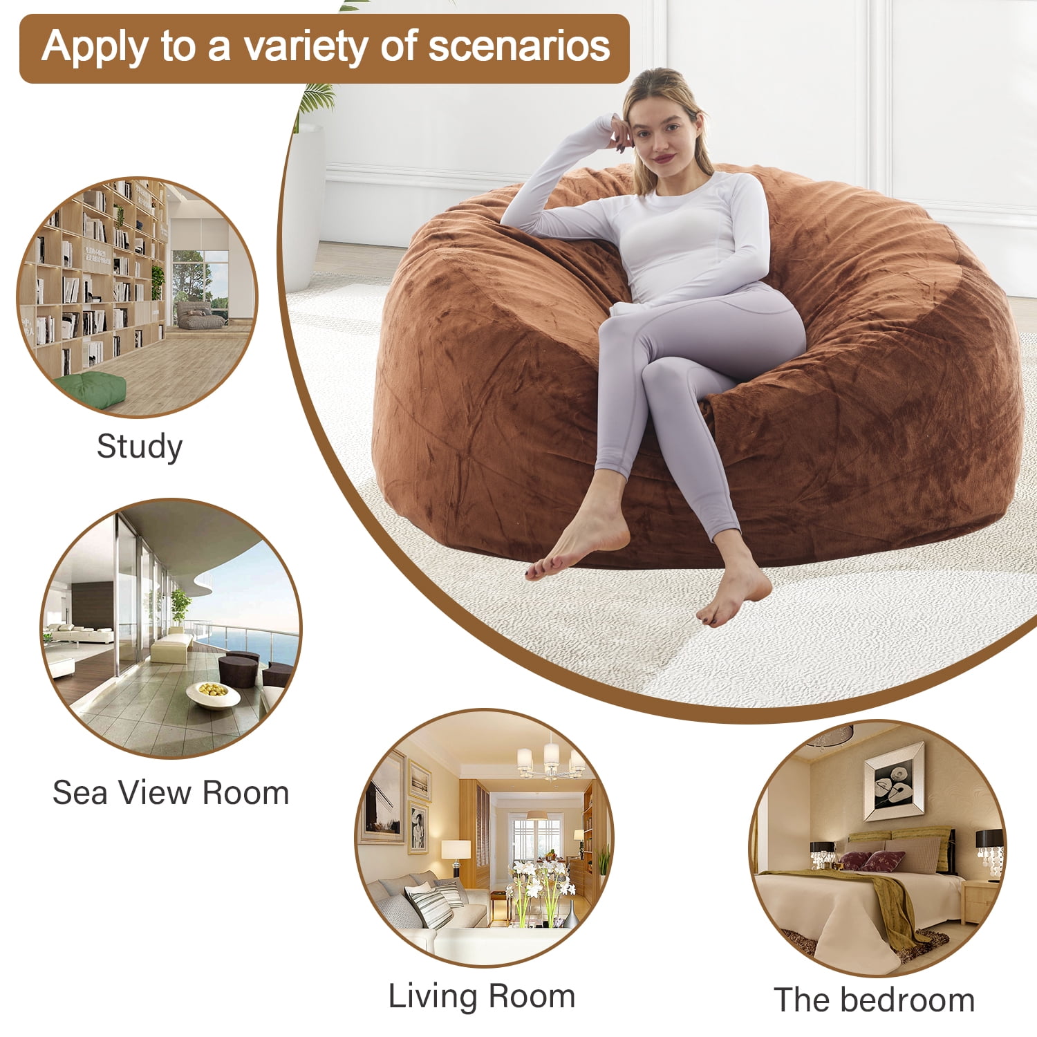 LaoGeoRon 5ft Dorm Room Chairs with Filler for Adults,High Rebound Memory Foam Bean Bag Couch,Removable and Washable Flannel Cover