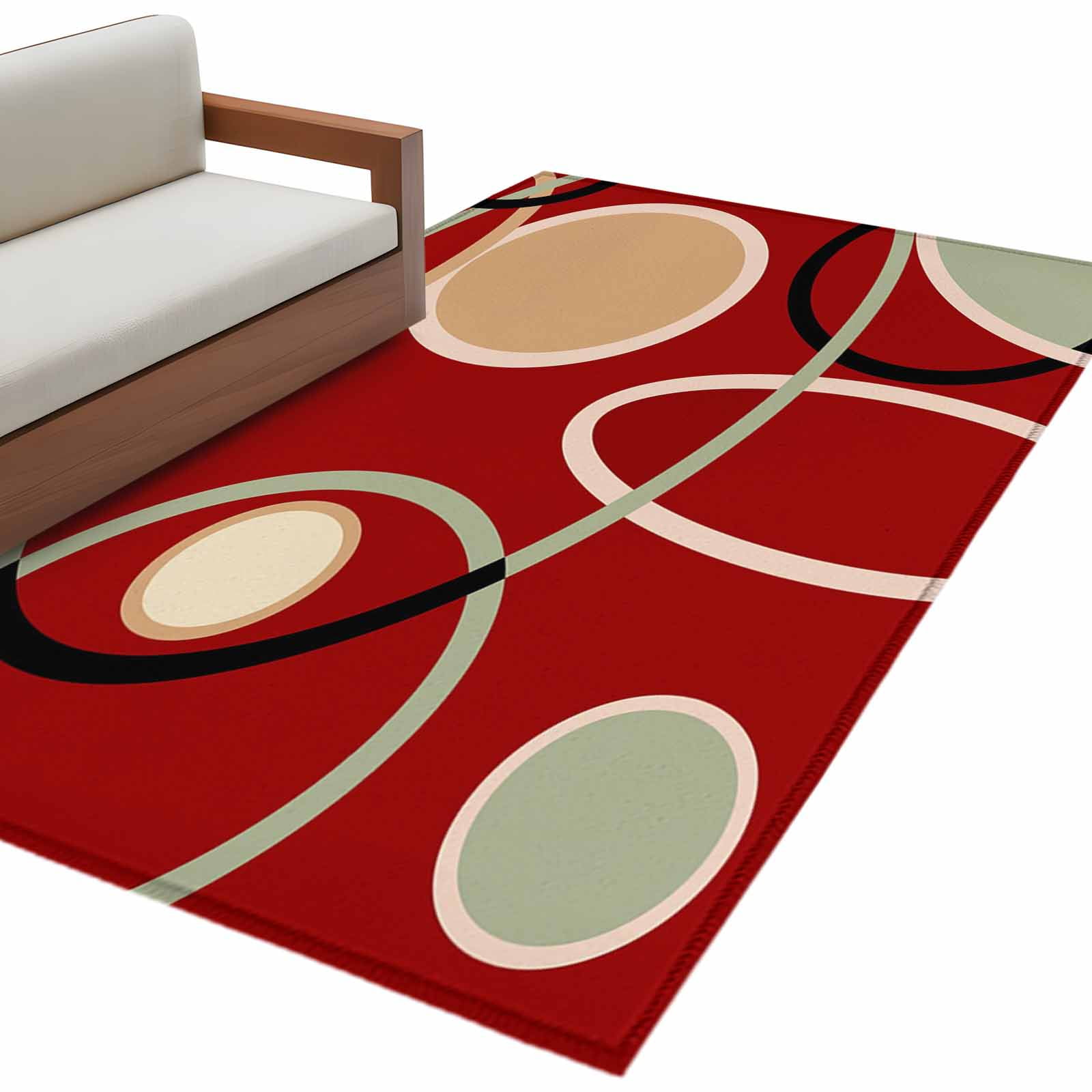 Rectangle Area Rugs 2.7 x 5 Ft, Geometric Red Non-Slip Residential Carpet, Boho Retro Abstract Circle Black Green Indoor Crawling Mats Runner Rugs for Living Room/Dining Room/Bedroom