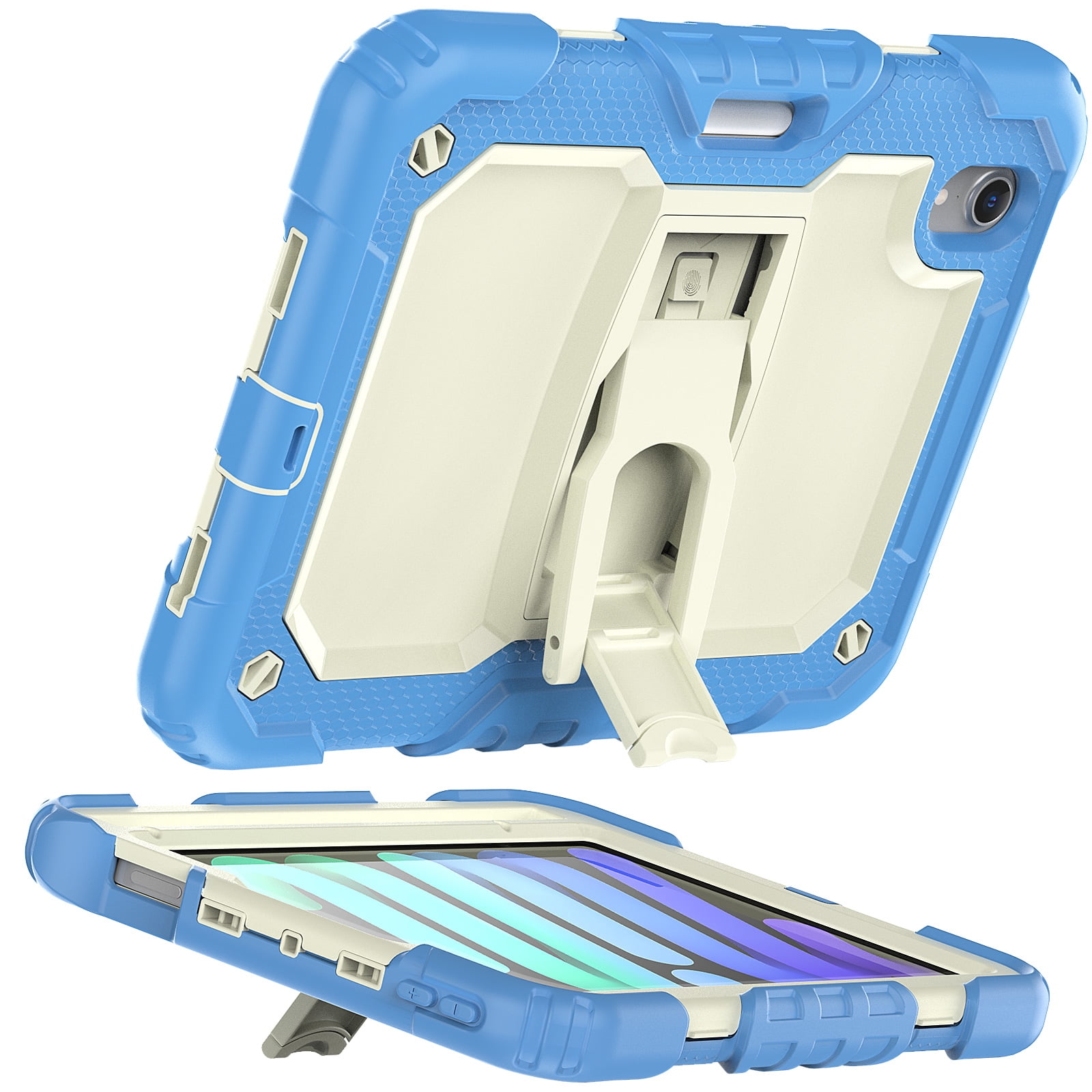 for iPad mini 6th Gen 8.3" 2021 Case with PET Screen Protector + Pencil Holder + Stand + Shoulder Strap | Heavy Duty Protection 3 Layer Silicone PC Case for iPad mini 6th Generation | Skyblue+Beige
