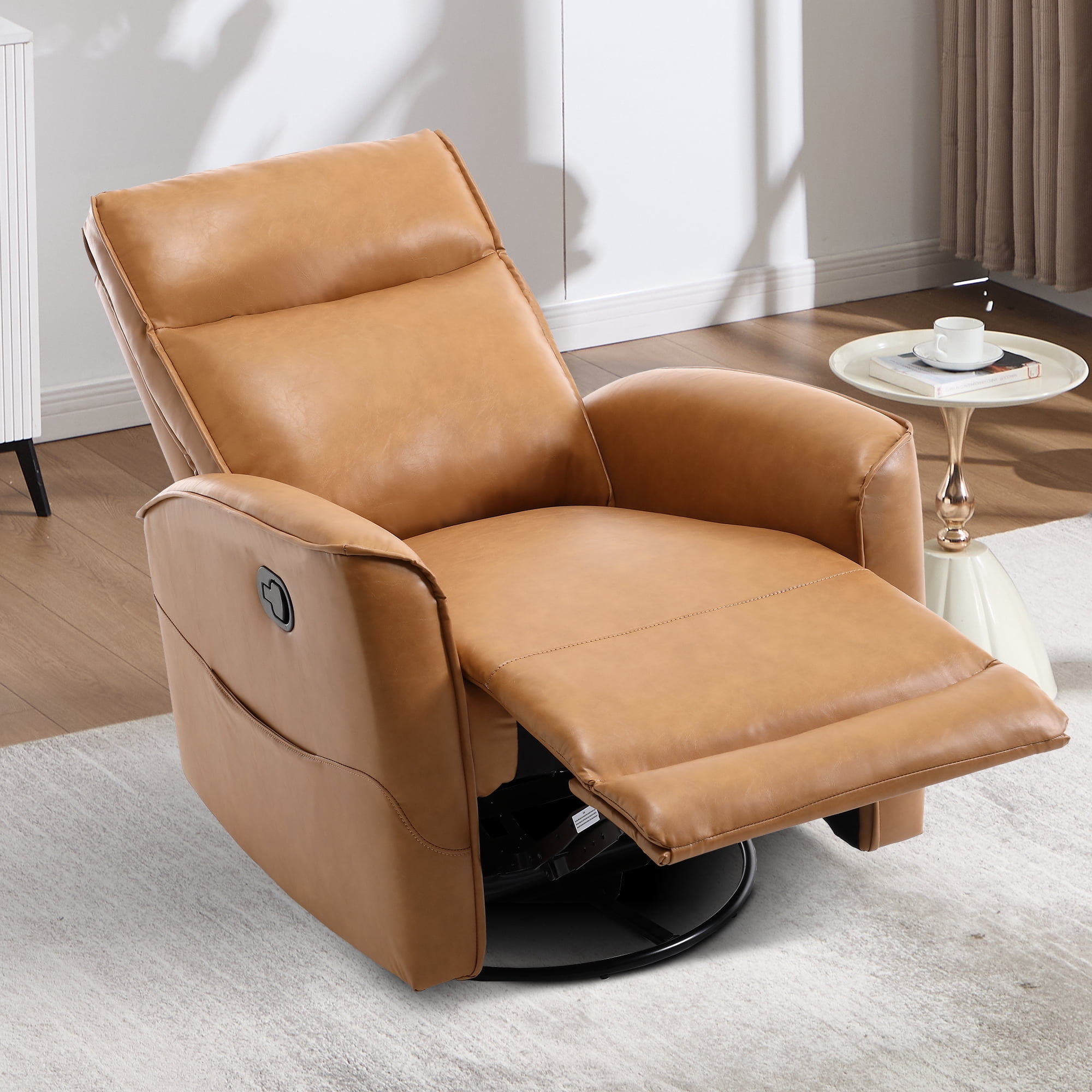 Ebello Manual PU Leather Swivel Rocker Recliner, Nursery Glider Chair with Padded Armrests & Backrest for Apartment, Living Room and Bedroom, Brown