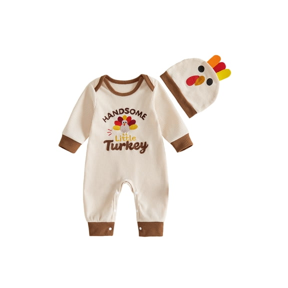 RUINIXCW Infant Boy Thanksgiving Outfit Waffle Knit Long Sleeve Romper and Hat Set