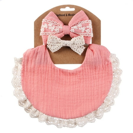 

Baby Girls Bib Set Soft Lace Patchwork Button Closure Washable Burp Cloth with Bowknot Hair Rope(0-3 Years)