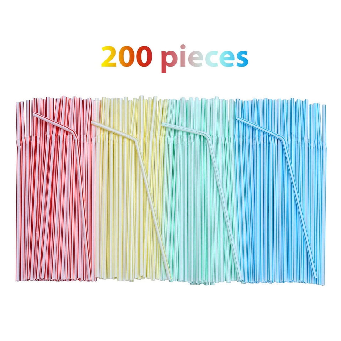 FAFWYP 200 Pieces Flexible Disposable Plastic Drinking Straws 8 Inches Long Multi-Colored Striped - 7.87' High