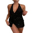 thumbnail image 2 of Robe Mini à Sequins Brillants Enveloppante Sans Manches Col en V Profond Dos Nu Soirée Club Rue Fendue, 2 of 5