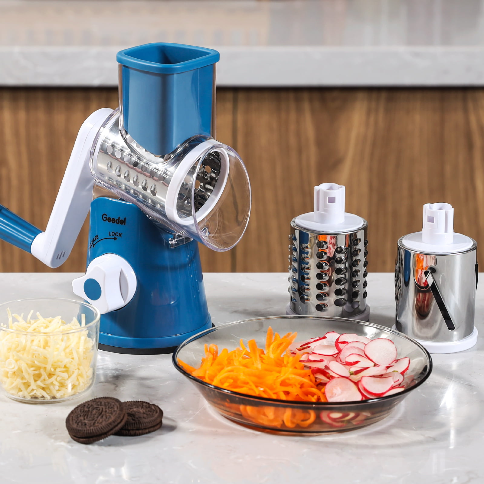 Geedel Rotary Cheese Grater, Kitchen Grater Vegetable Slicer with 3  Interchangeable Blades, Powerful Suction, Dishwasher Safe, Easy to Clean  Grater