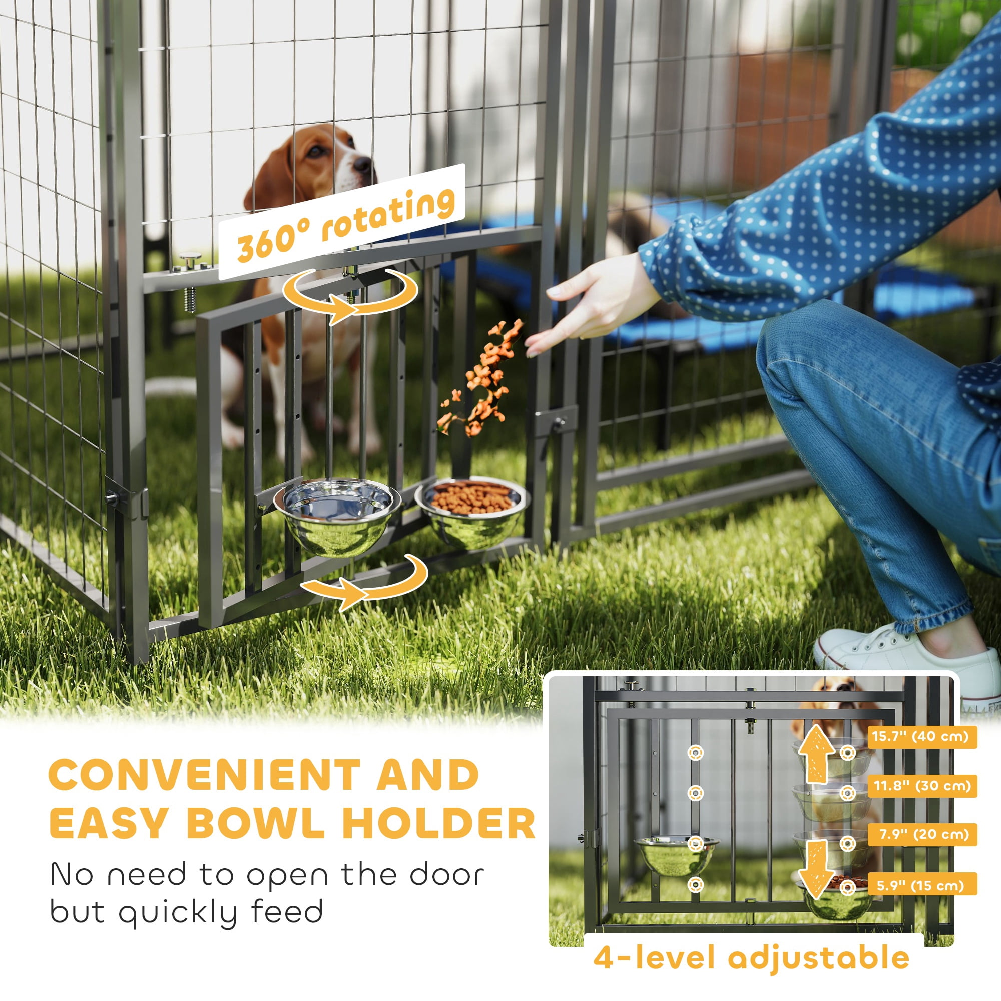 PawHut Outdoor Dog Kennel with Roof, 5.9' x 4' x 6' Heavy Duty Welded Wire Dog Playpen Fence with Rotating & 4-Level Adjustable Feeding Bowls