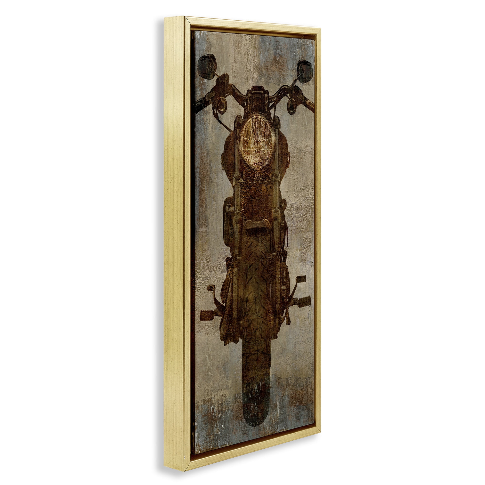 Stupell Industries Motorcycle Silhouette Rustic Pattern Transportation Painting Gold Floater Framed Canvas Art Print Wall Art, 11 x 25