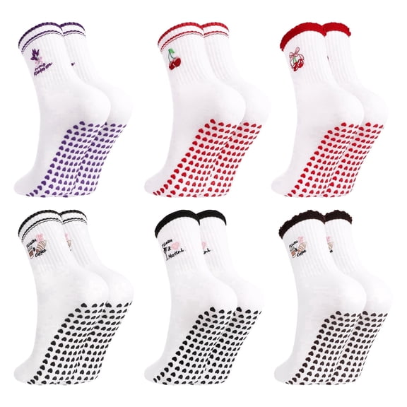 Bocaoying 6 Pair Yoga Pilates Grip Socks for Women, Non-Slip Grip Lettuces Socks with Embroidery, 3 Ruffle & 3 Crew, Anti-Skid Pilates Socks for Women 5-9, Cute Workout Socks for Yoga, Barre, Gym