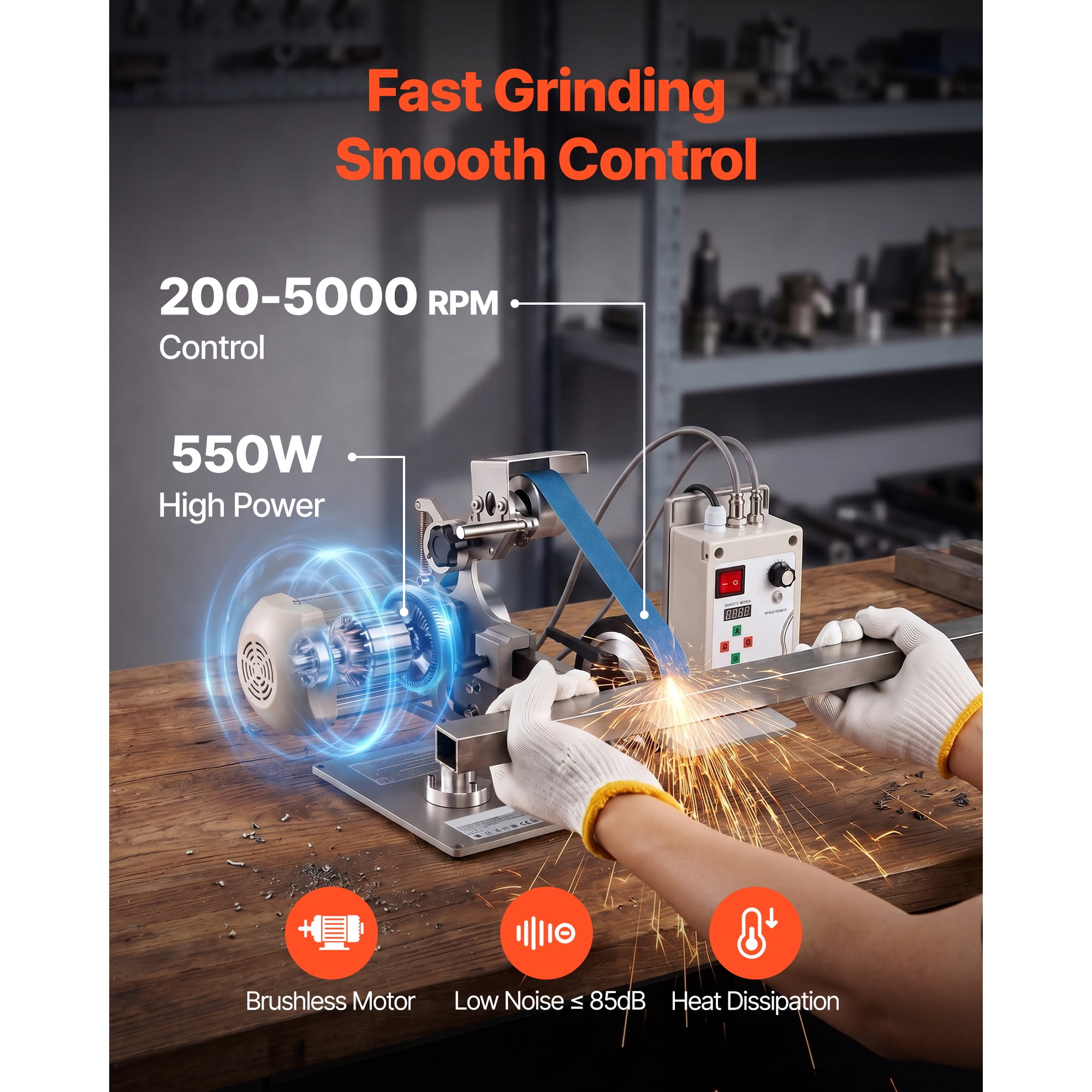 KFFKFF Belt Grinder Sander with VFD, 30 x 1-Inch Adjustable Speed Belt Polisher, 550W Grinding Machine with Dual Modes & 3 Sanding Belts for Metalworking and Knife Crafting