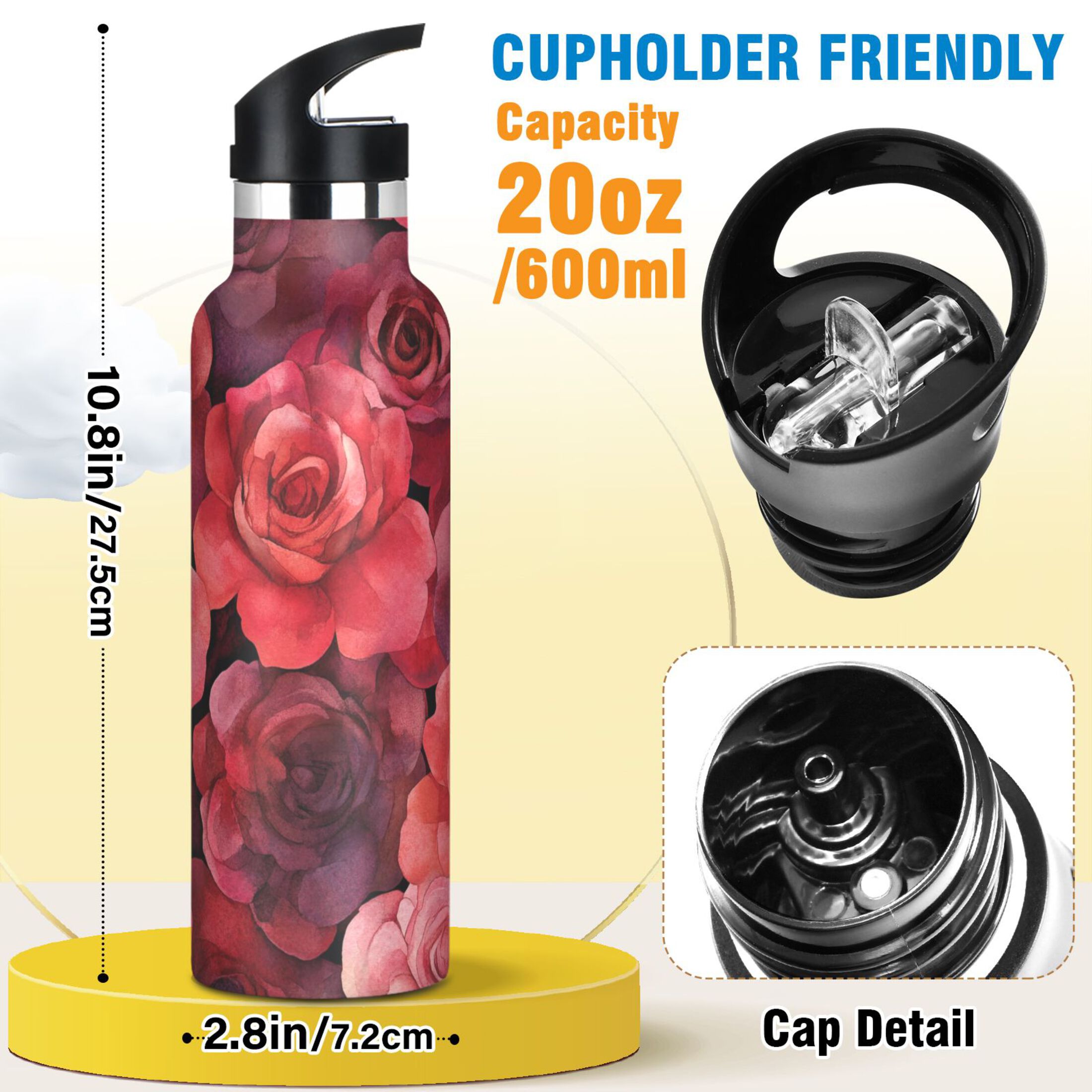 600ML Stainless Steel Insulated Cup Sports Water Bottle Portable Thermos Cup Water Glasses Insulated Tumblers Convenient and Durable Cartoon Red Roses