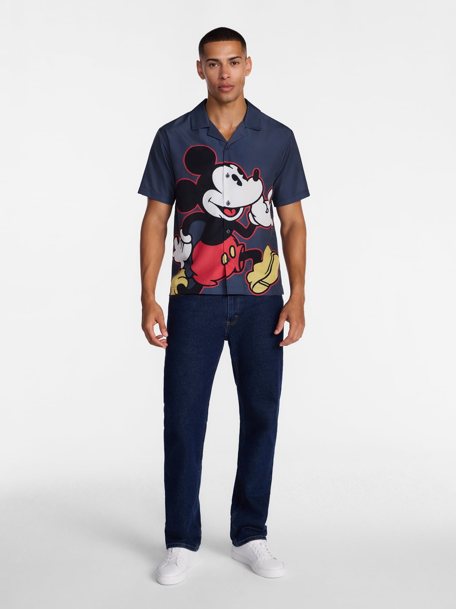 Disney Men's and Big Men's Mickey Mouse Graphic Button Up Shirt with Short Sleeves, Sizes S-4XL