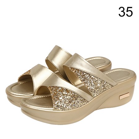 

1 Pair Thick Heel Wedge Sandals Open Wedge Slipper Design Walking Toe Shoe Beach Summer