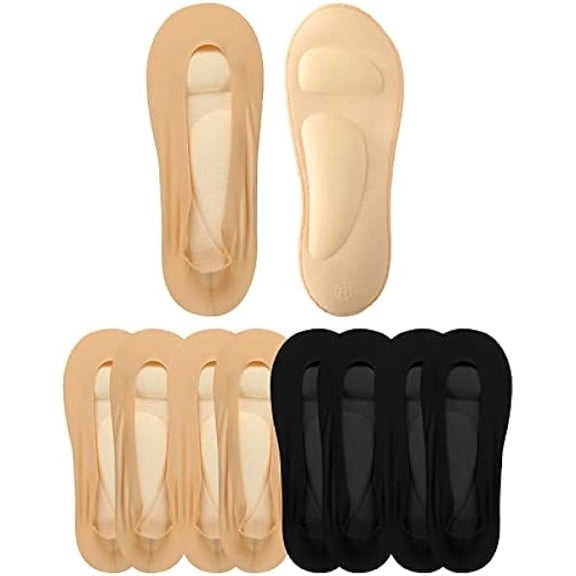 Eryueer 4 Pairs Arch Support Socks for Women No Show Liner Socks 3D Padded Nylon Stockings Sponge Cushion Non Slip Massage(Black, Light Skin,Medium)