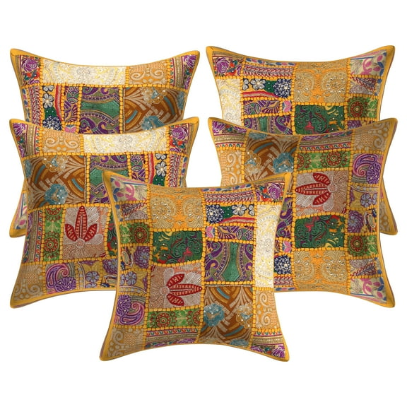 Stylo Culture Ethnic Cotton Decorative Throw Pillow Covers Mango Yellow 16x16 Bohemian Vintage Patchwork Ethnic Sofa Cushion Covers 40 x 40 cm Home Decor Floral Square Pillow Cases | Set Of 5