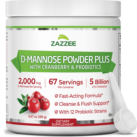 Zazzee D-Mannose Powder Plus 2000 mg – Supports Urinary Tract Health – 5 Billion CFU & Cranberry