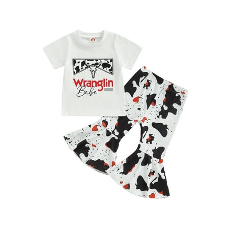 

2Pcs Toddler Baby Girl Long Pants Set Letter Print Short Sleeve T-Shirt Tops + Flare Pants