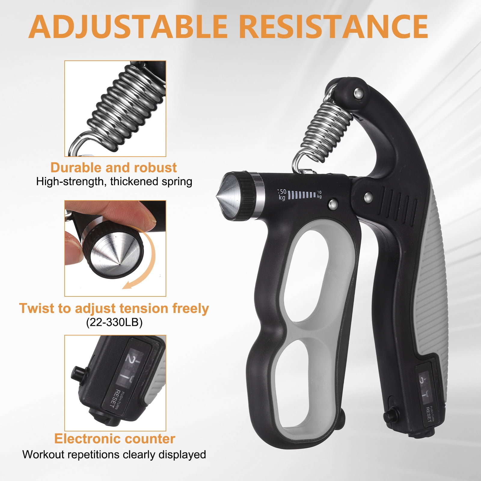 Hand Gripper Strengthener, Forearm Exerciser Resistance Grip Strength Trainer with Adjustable Resistance 22-330Lbs for Recovery Muscle Building & Fitness Workout, Gray