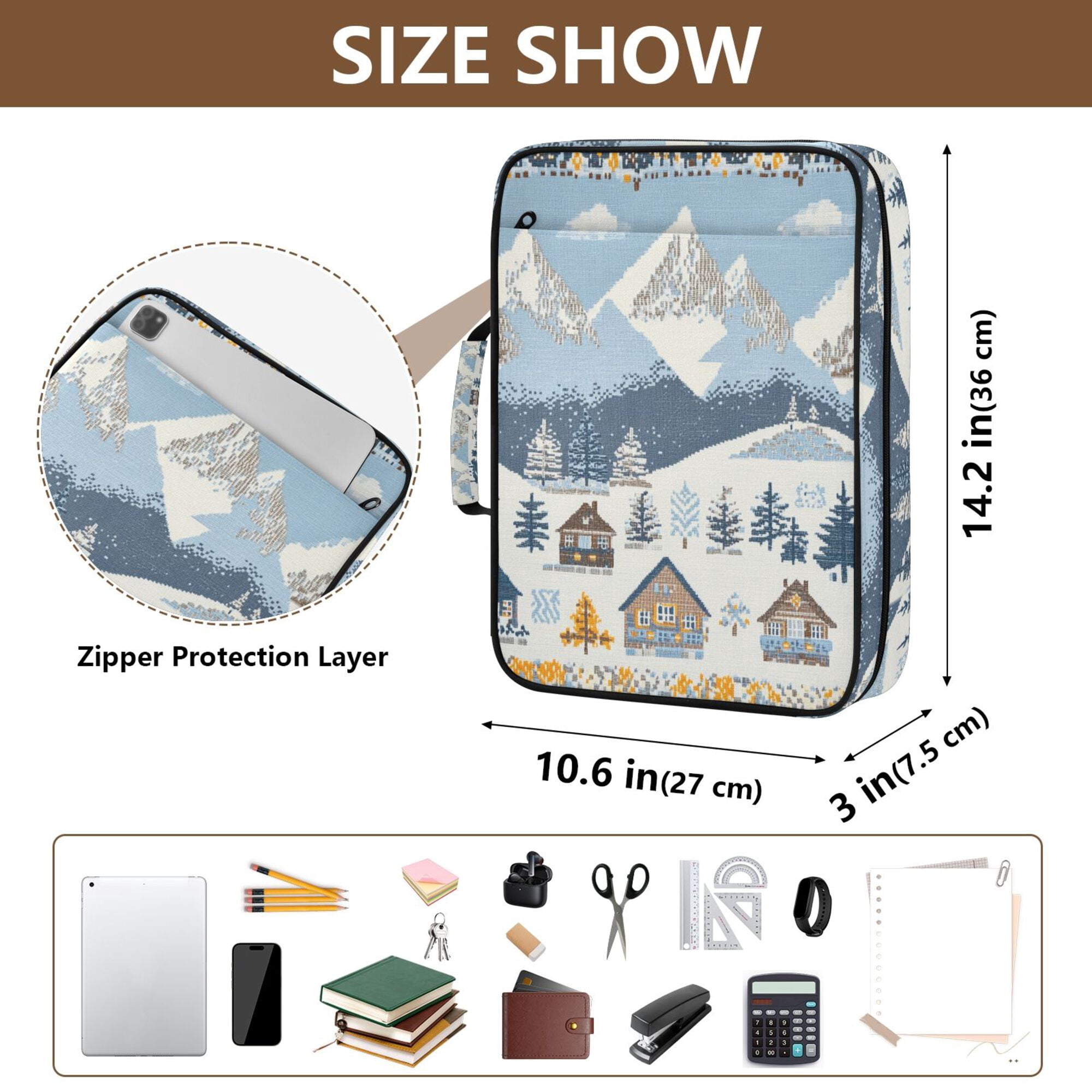 FORMRS Accordion File Folder A4 Size 7-Pocket Expanding Document Organizer Bag with 3 Ring Binder, Winter Village Serenity