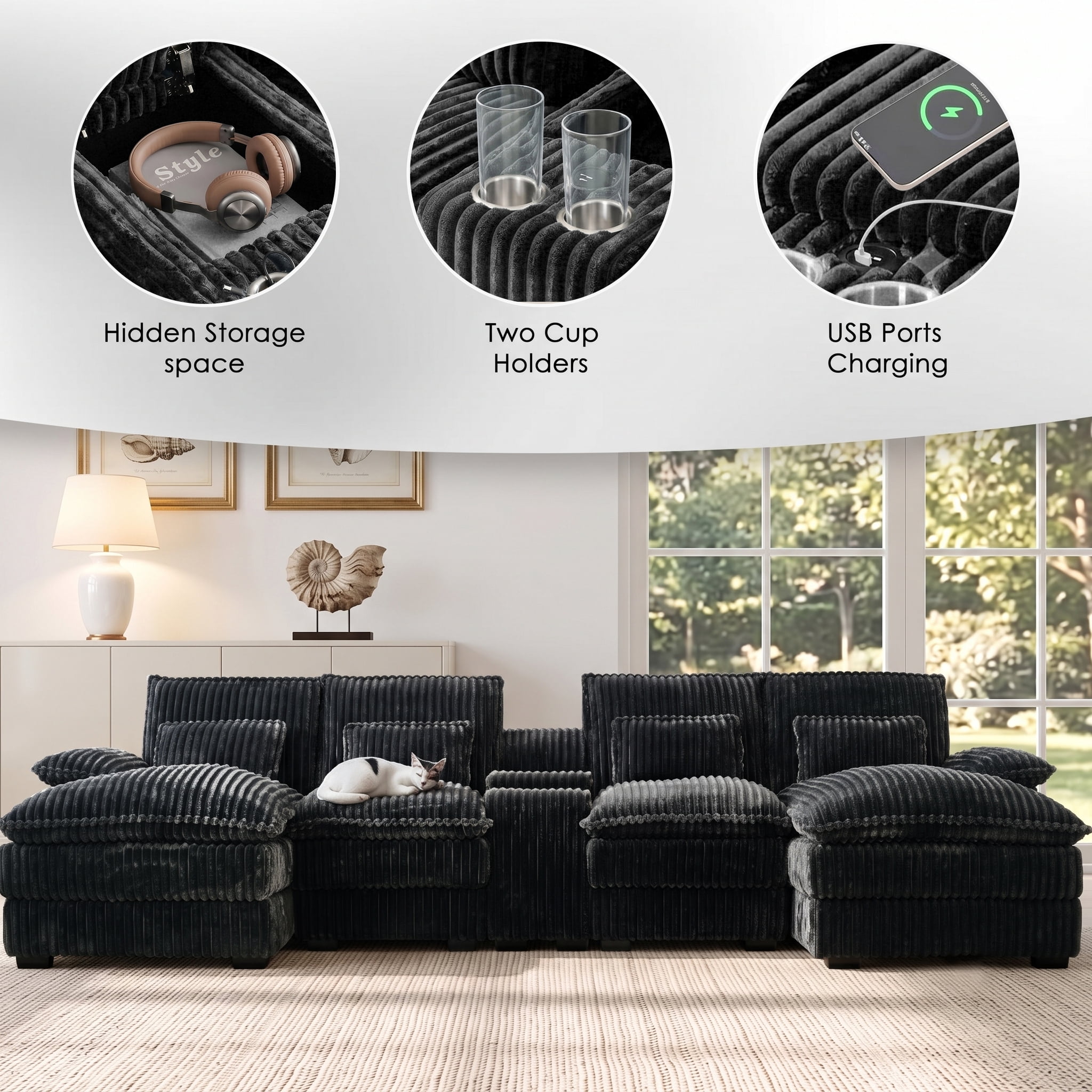 Avobird Oversided 124" U Shaped Cloud Couch Sectional, DeepSeat Sofa Bed with USB Charging, Hidden Storage, Cup Holders & Chenille Double Chaise, Gray