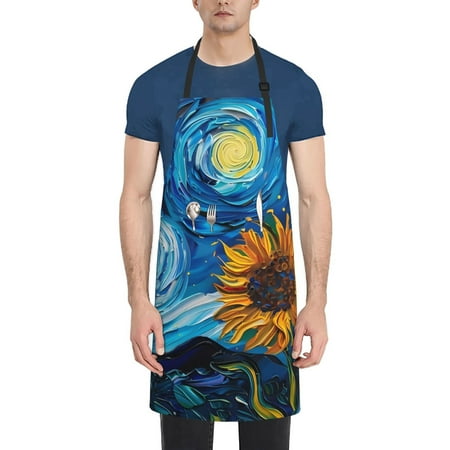 

Lukts Starry Night Sunflower Field Pattern Kitchen Cooking Aprons Adjustable Bib Soft Chef Apron with 2 Pockets for Men Women