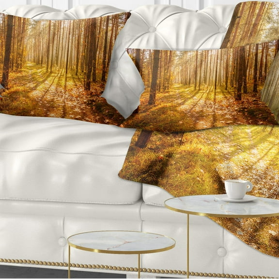 Designart Bright Sunlight in Yellow Fall Forest - Modern Forest Throw Pillow - 12x20