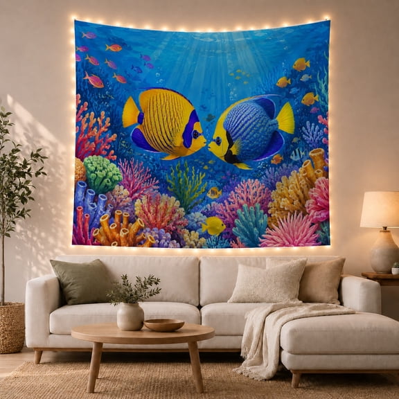 Tropical Fish in Vibrant Coral Reef with Sunbeams, Serene Illustration for Ocean Lovers, Underwater Scene Art, Housewarming Gift Tapestry Wall Hanging for Bedroom and Living Room