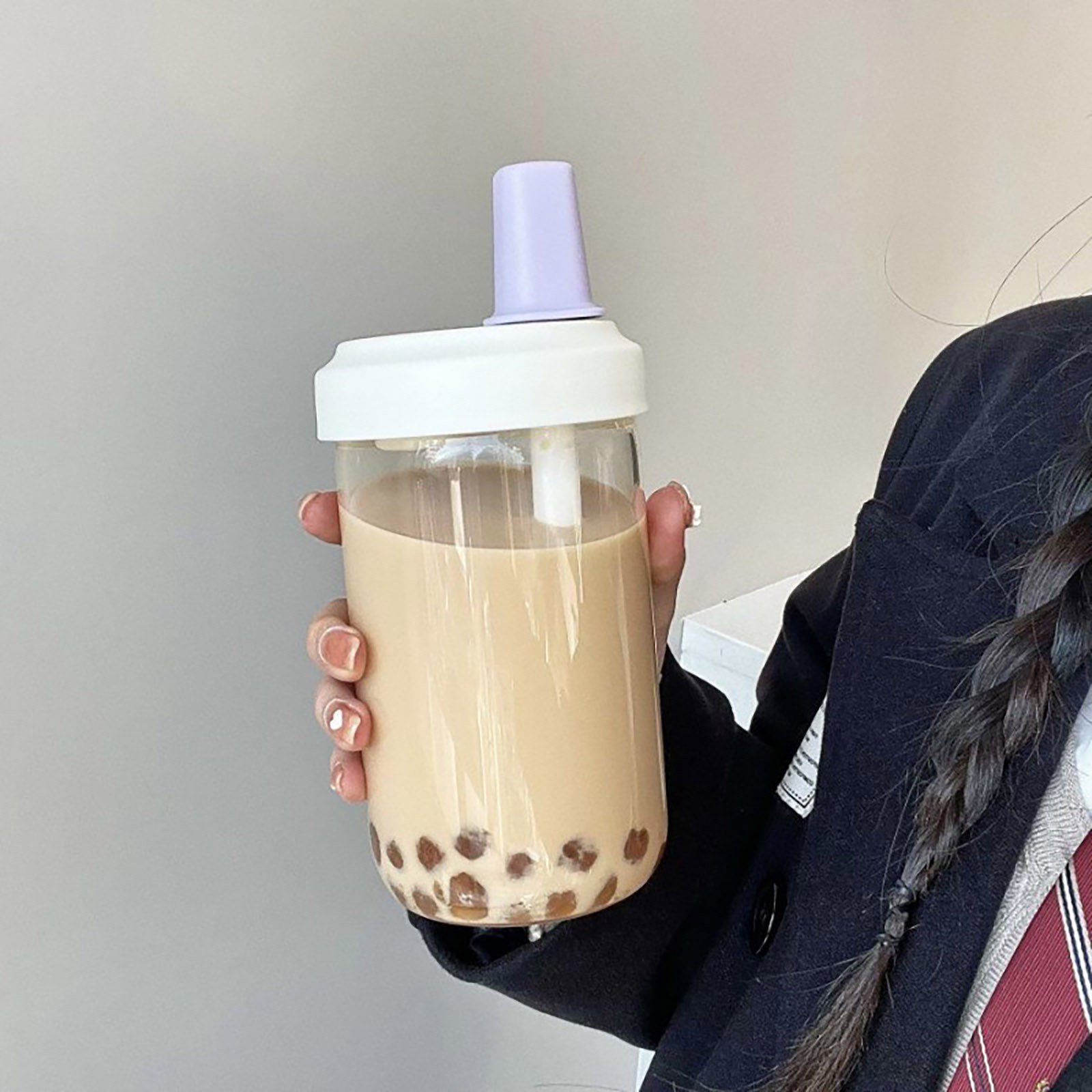 Milk Tea Cup Transparent Reusable Straw Cup with Leak Proof Lid for Iced Coffee and Bubble Tea, Portable Travel Tumbler