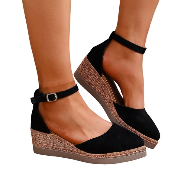 Closed Toe Platform Sandals for Women Buckle Ankle Strap Espadrilles Heels Casual Comfortable Wedge Dress Shoes Black Size 6.5