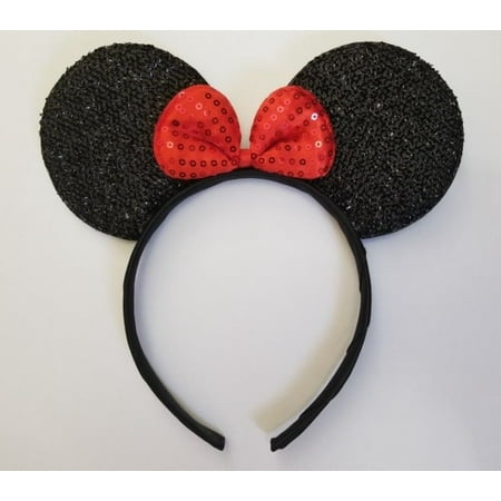 LWS LA Wholesale Store  1 Minnie Mouse Black Ear Red Sequin Bow headbands Party Favor Costume mickey &  ** 1 Free miniature figures