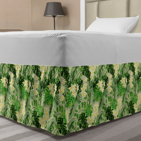 Floral Bed Skirt, Tropical Monstera Palm Leaves and Flowers on Monochromatic Background, Elastic Bedskirt Dust Ruffle Wrap Around for Bedding Decor, 4 Sizes, Lime Green and Khaki, by Ambesonne